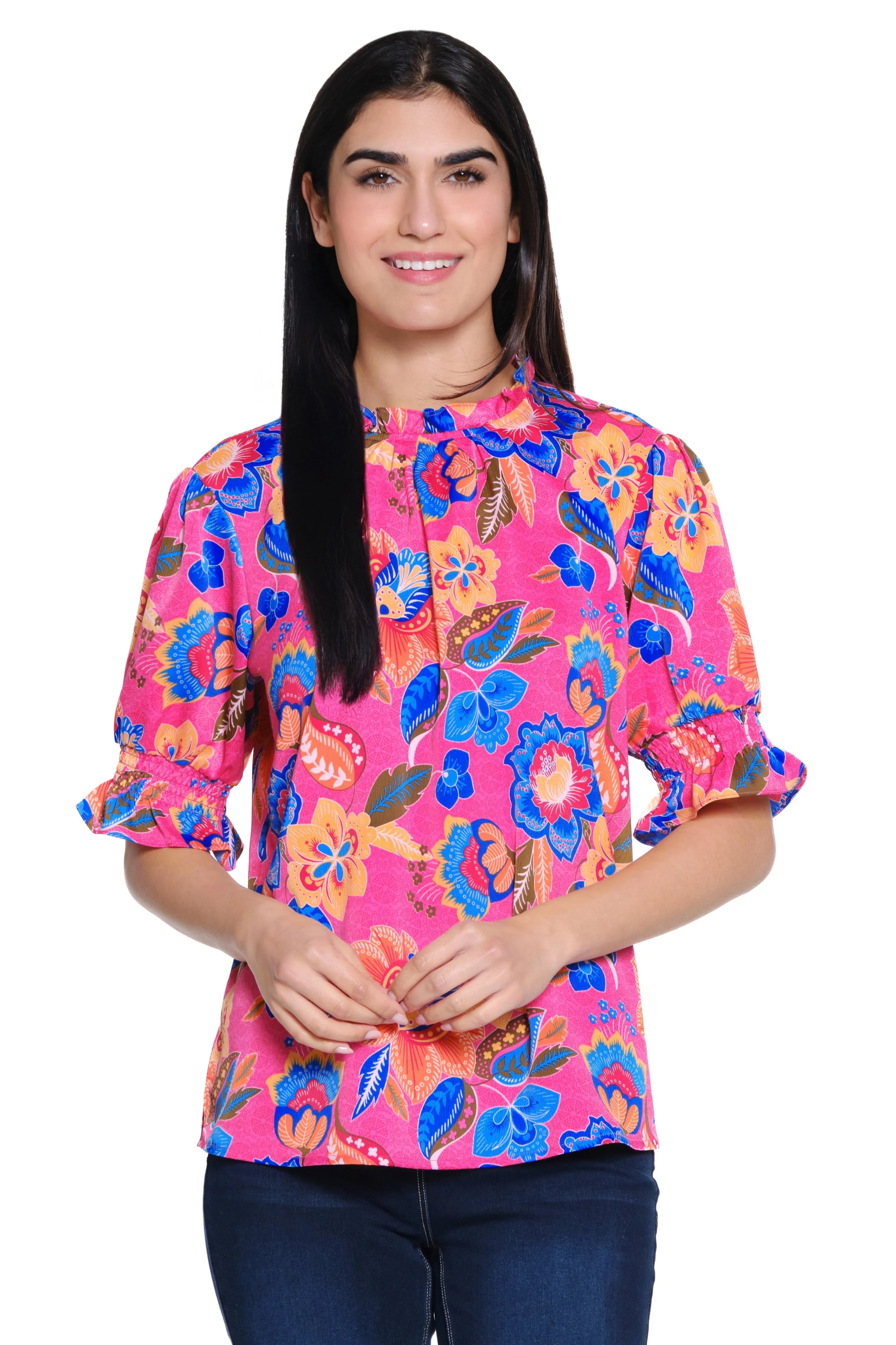 Woven Tunic Elbow Ruffle Sleeves - Cool Floral sold by SlimSation