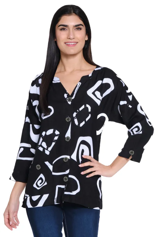 Woven Button Front Blouse - Black/White made by SlimSation