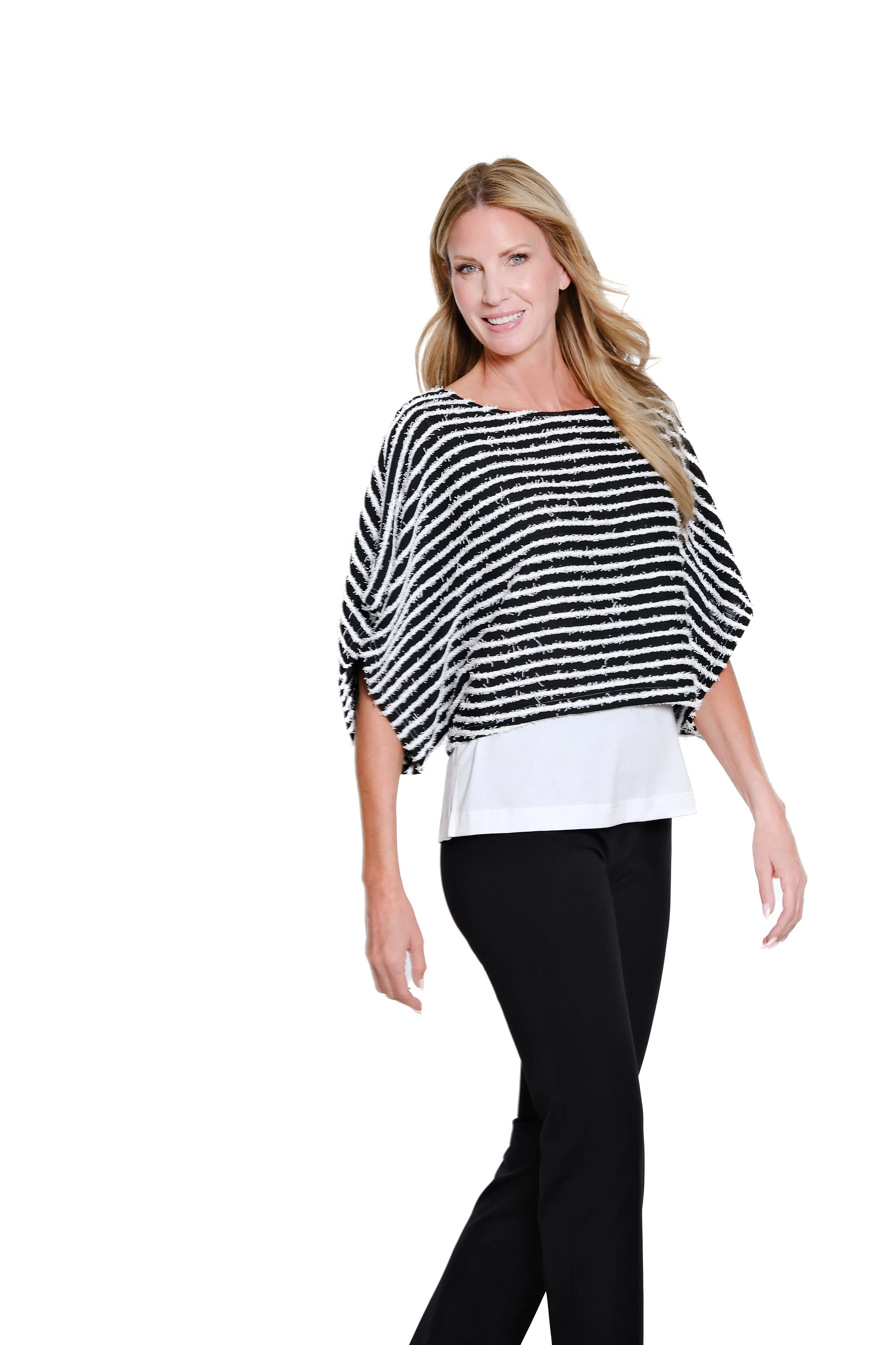 Stripe Knit Poncho Top with Attached Tank - Black/White Stripe sold by SlimSation product image thumbnail 3