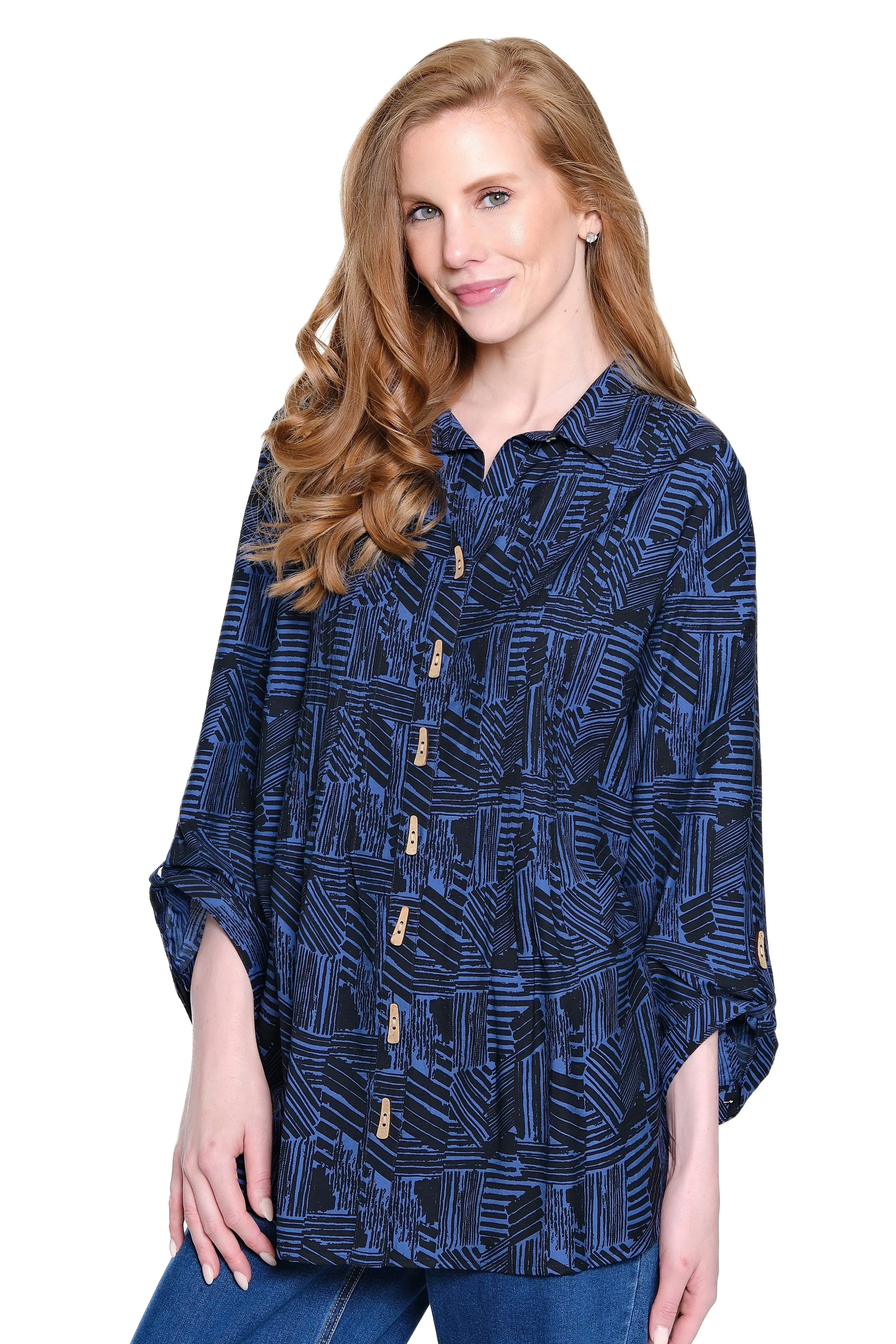 Print Tunic with Button Tab Sleeves - Plus - Indigo Blue sold by SlimSation