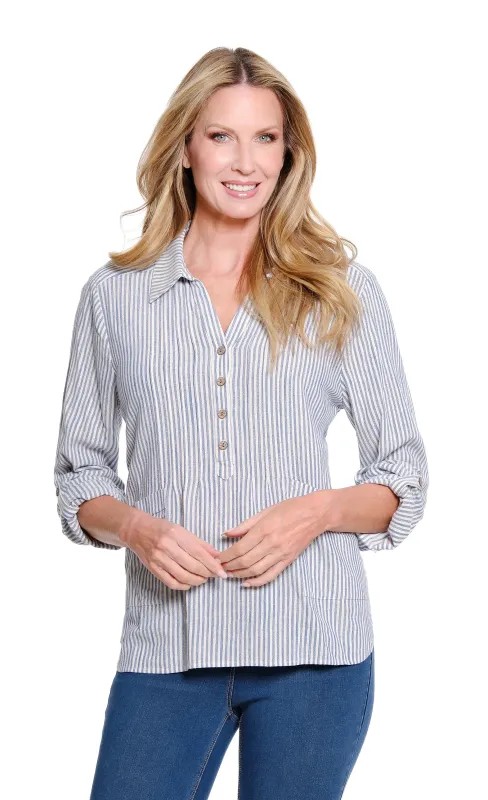Roll-Tab Long Sleeve 2-Pocket Multi-Tuck Hi-Lo Woven Shirt - Medium Blue made by Multiples