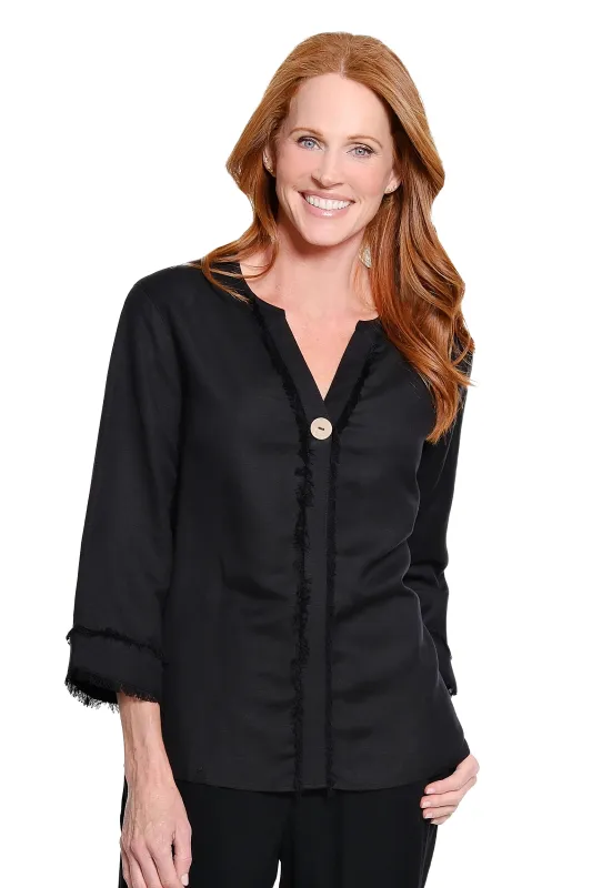 3/4 Sleeve Drop Shoulder Y-Neck 1-Button Pull On Woven Top - Plus - Black made by SlimSation