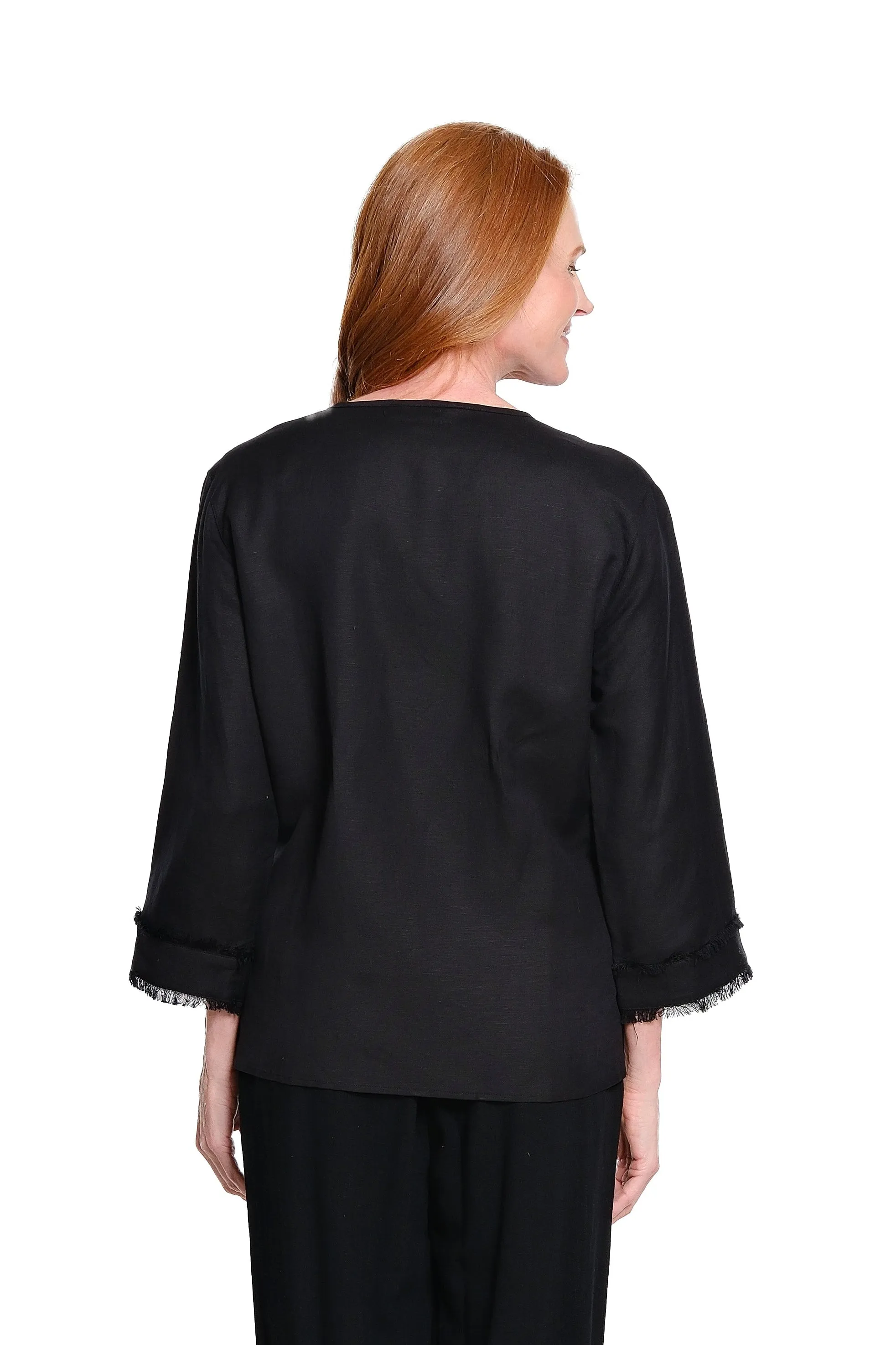 3/4 Sleeve Drop Shoulder Y-Neck 1-Button Pull On Woven Top - Plus - Black sold by SlimSation product image thumbnail 2