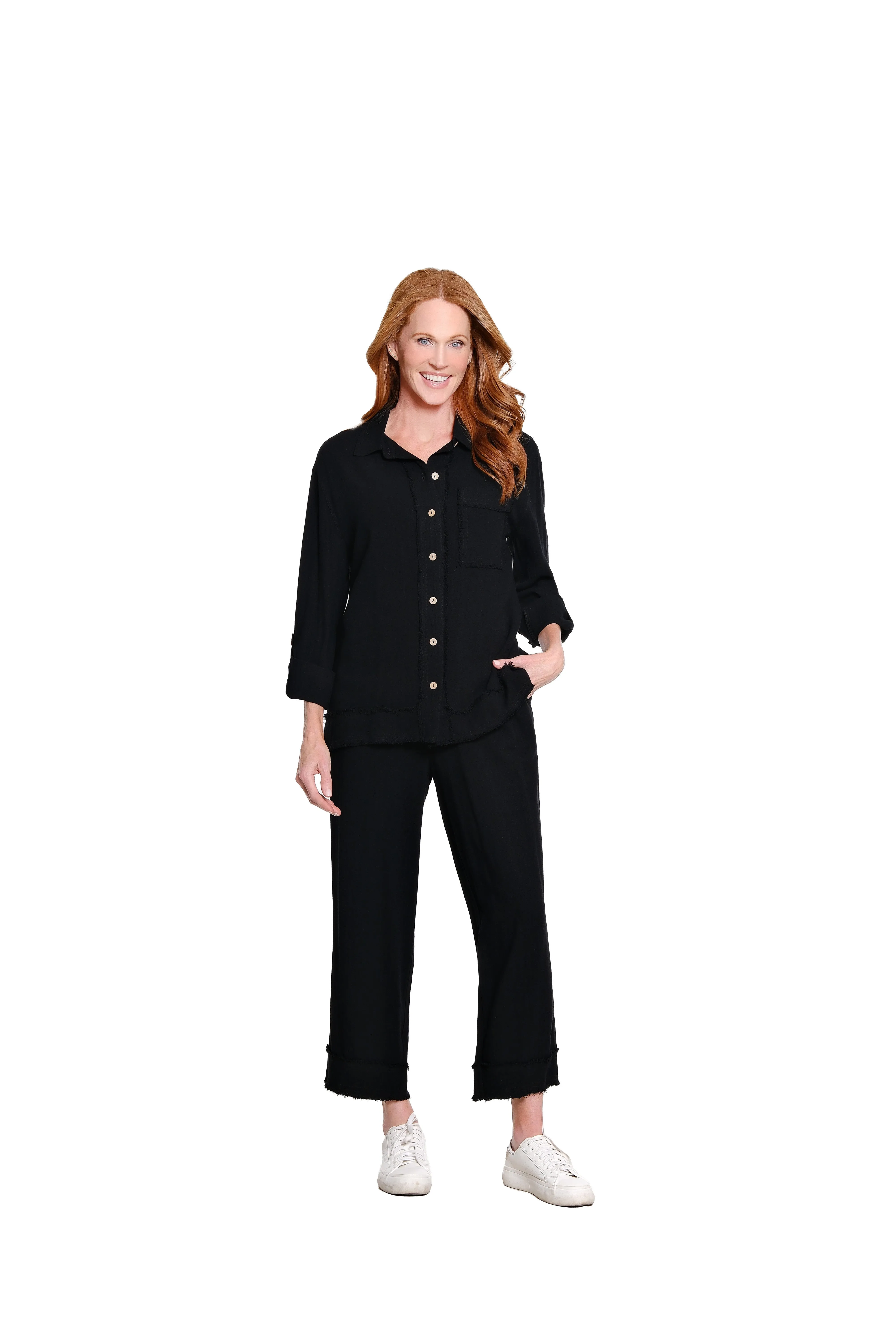 Roll Tab Cuffed Long Sleeve 1-Pocket Button Front Fringe Trim Woven Shirt - Plus - Black sold by SlimSation product image thumbnail 3