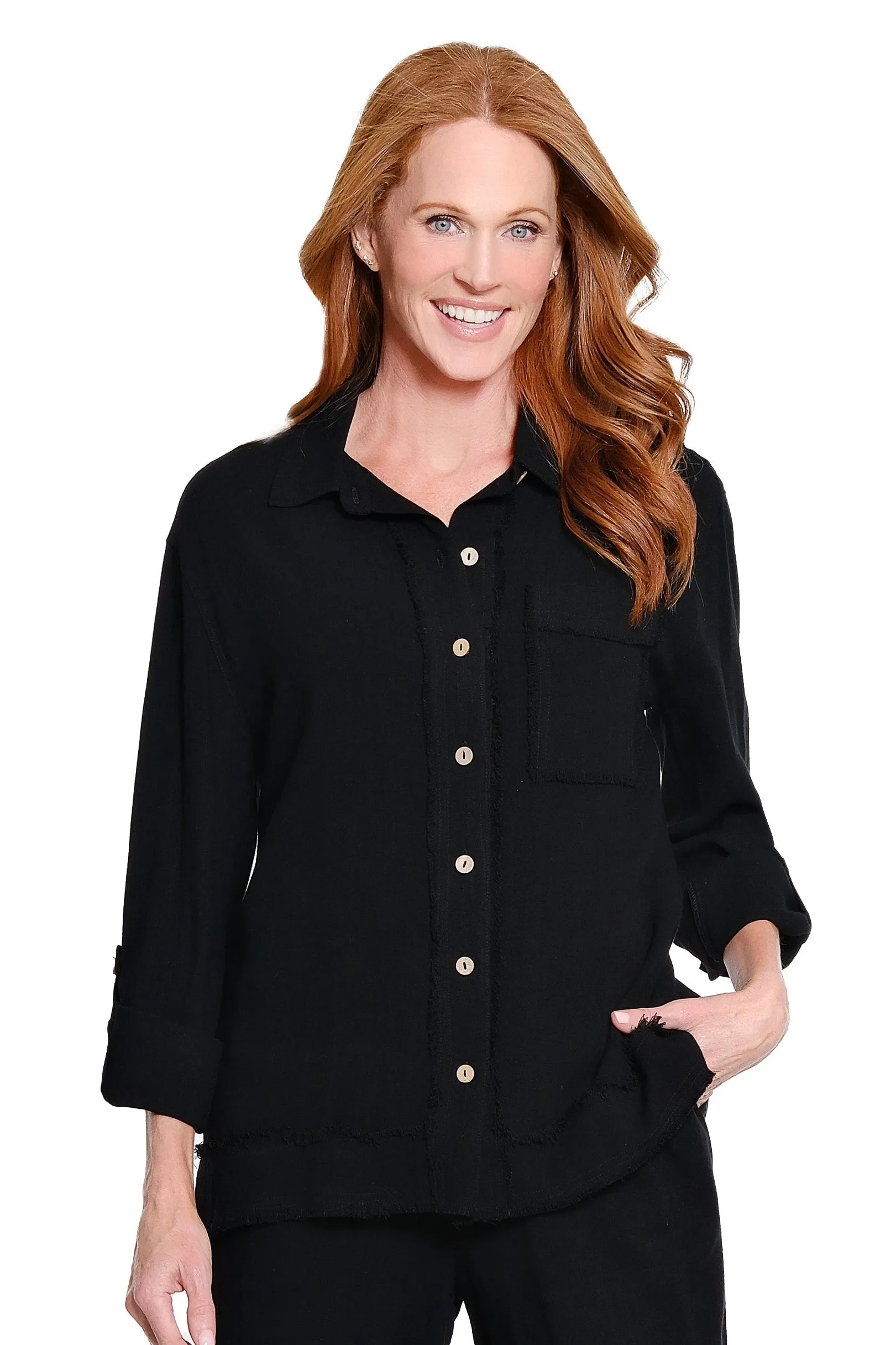 Roll Tab Cuffed Long Sleeve 1-Pocket Button Front Fringe Trim Woven Shirt - Plus - Black sold by SlimSation
