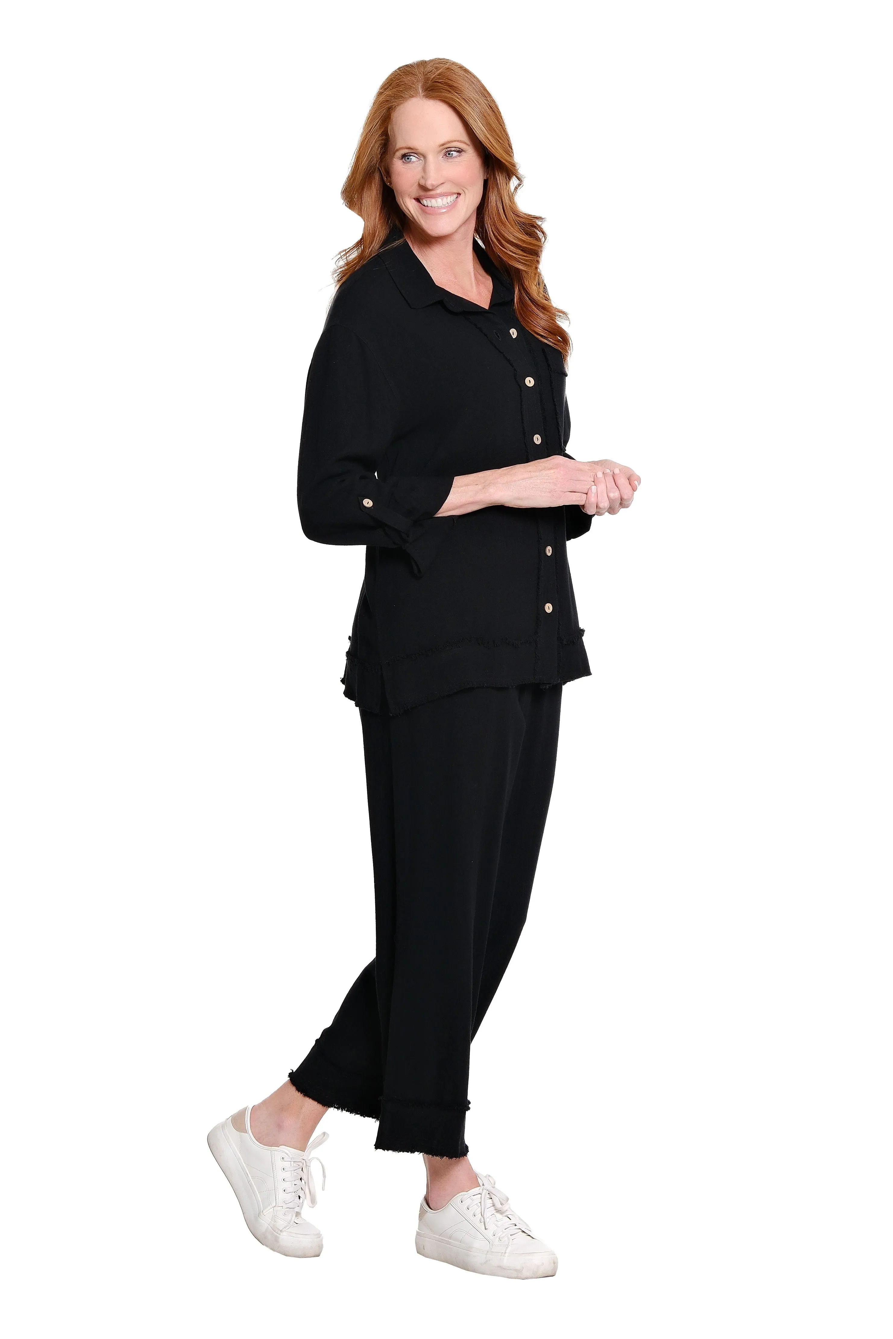 Roll Tab Cuffed Long Sleeve 1-Pocket Button Front Fringe Trim Woven Shirt - Plus - Black sold by SlimSation product image thumbnail 2