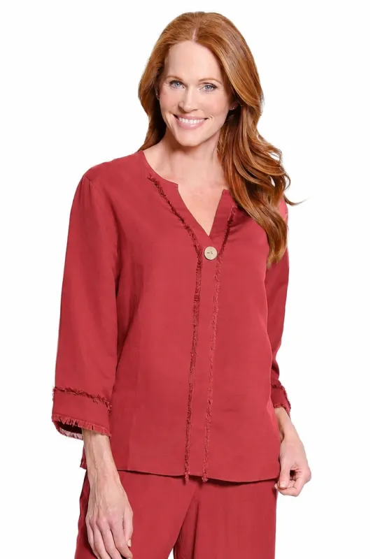 3/4 Sleeve Drop Shoulder Y-Neck 1-Button Pull On Woven Top - Brick made by SlimSation