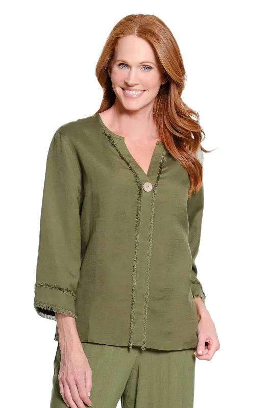 3/4 Sleeve Drop Shoulder Y-Neck 1-Button Pull On Woven Top - Olive made by SlimSation
