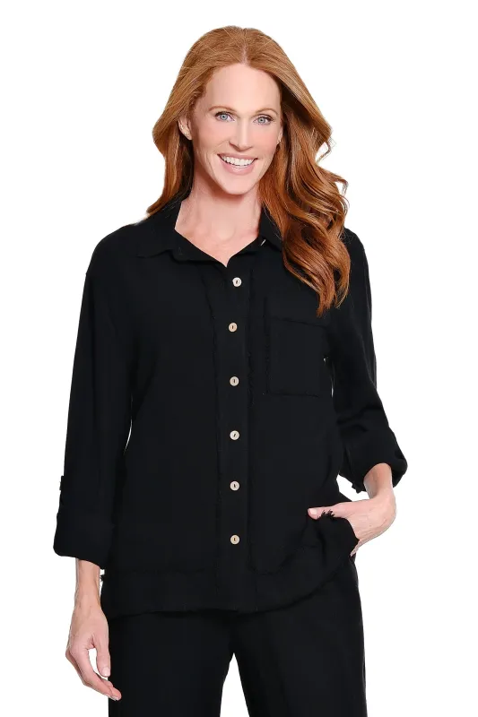 Roll Tab Cuffed Long Sleeve 1-Pocket Button Front Fringe Trim Woven Shirt - Black made by SlimSation