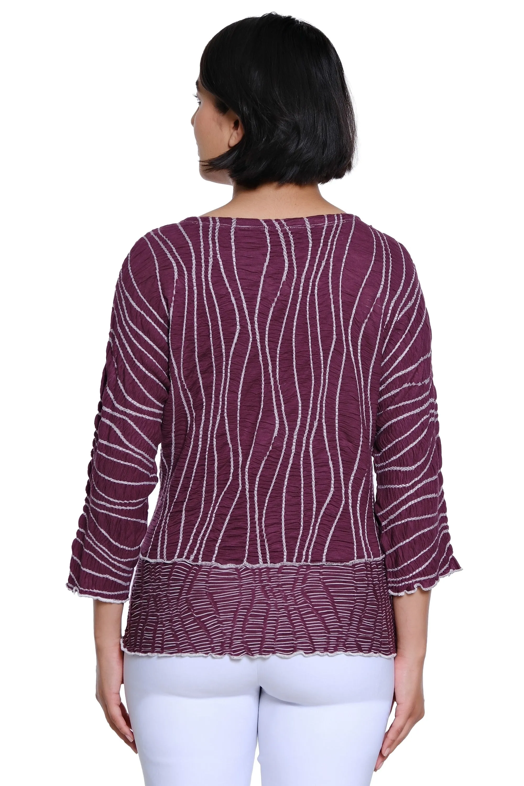 Textured Knit Popover Top with Rounded Neck and 3/4 Raglan Sleeves - Eggplant sold by SlimSation product image thumbnail 2