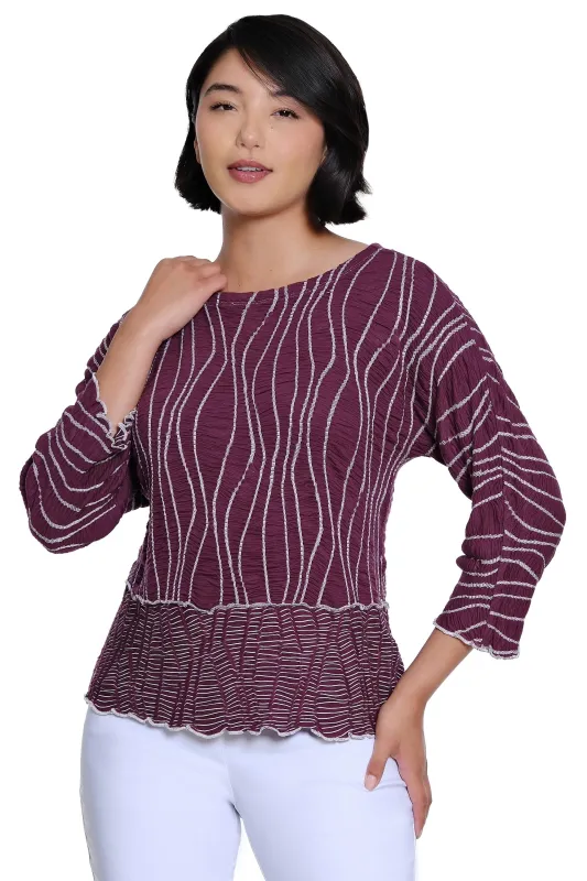Textured Knit Popover Top with Rounded Neck and 3/4 Raglan Sleeves - Eggplant made by SlimSation