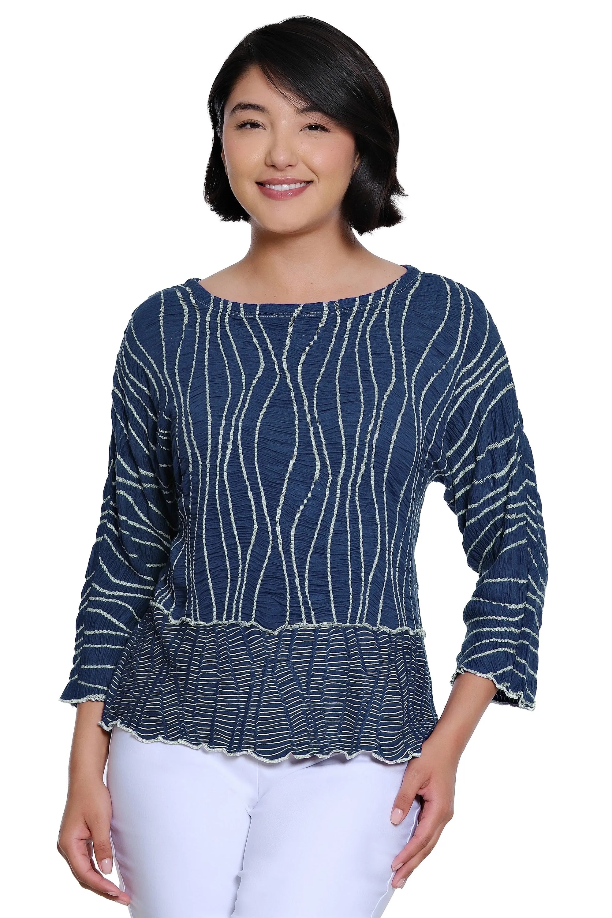 Textured Knit Popover Top with Rounded Neck and 3/4 Raglan Sleeves - Blue Mist sold by SlimSation