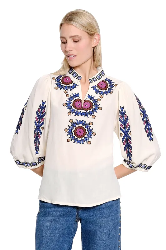 Split Neck Top with Embroidery - Natural made by SlimSation