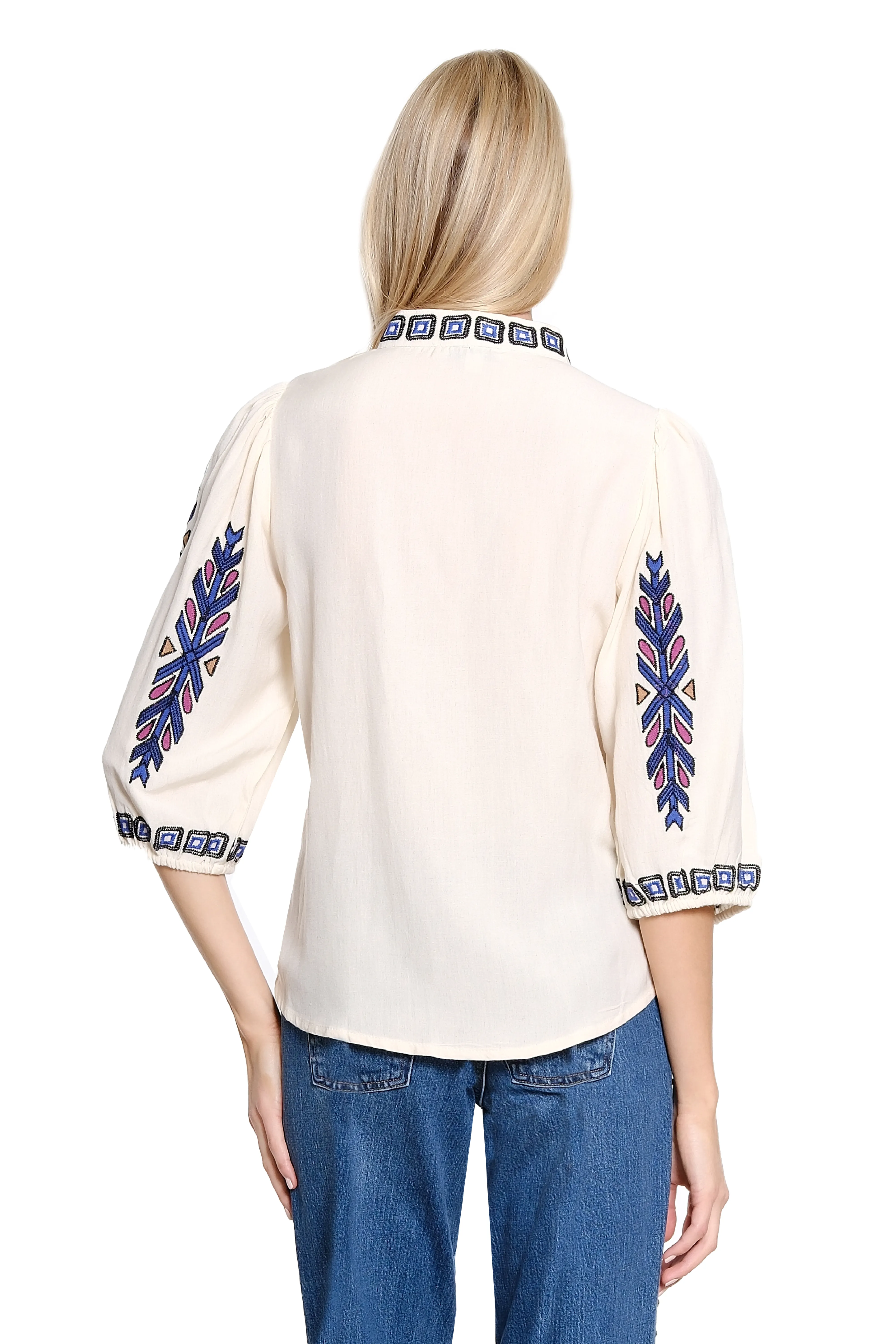 Split Neck Top with Embroidery - Natural sold by SlimSation product image thumbnail 2