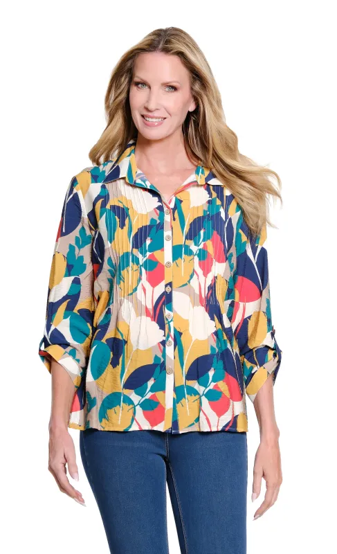 Cinched Tab Cuffed 3/4 Sleeve Multi-Tuck Button Front Crinkle Woven Shirt - Circle Multi made by Multiples