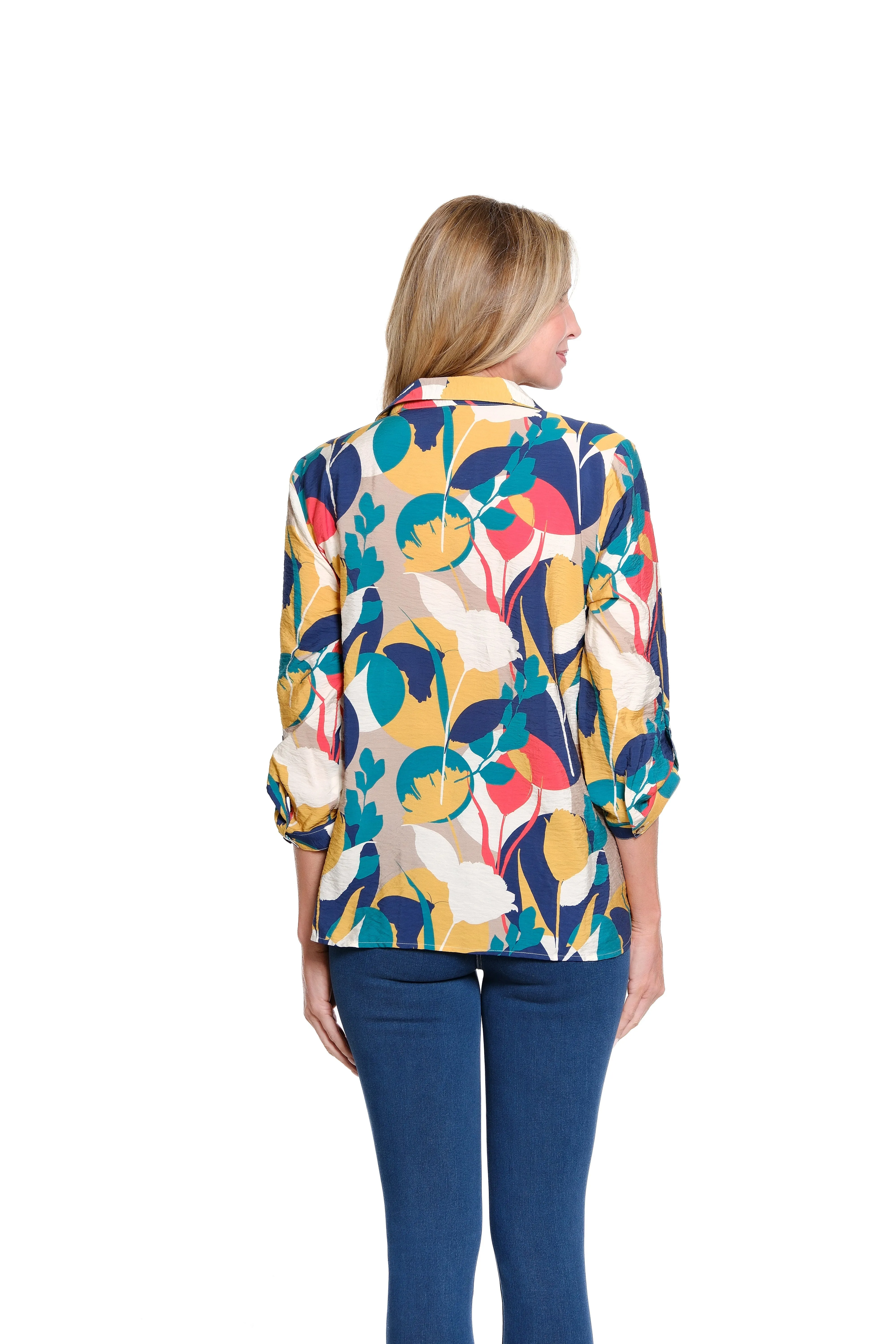 Cinched Tab Cuffed 3/4 Sleeve Multi-Tuck Button Front Crinkle Woven Shirt - Circle Multi sold by SlimSation product image thumbnail 2