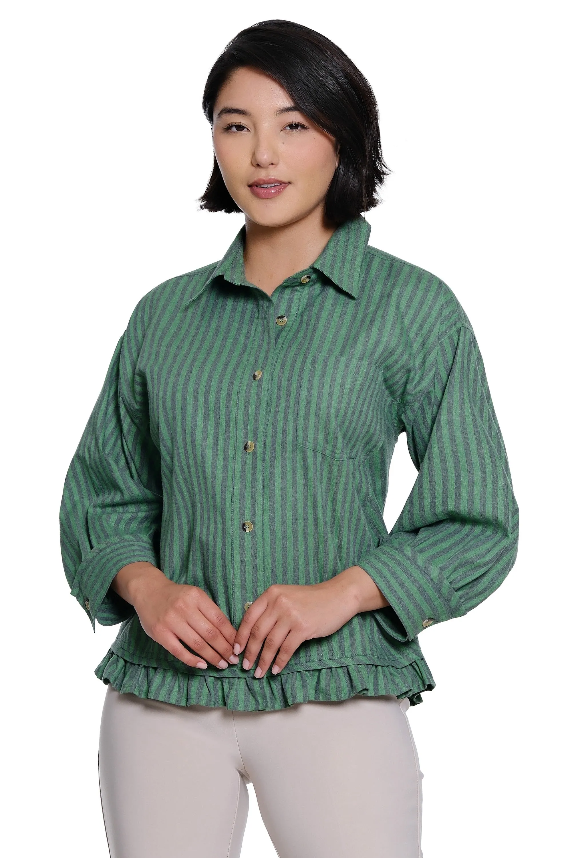 Woven Button Front Top with 3/4 Sleeves and Curved Ruffle Hem - Herb Stripe sold by SlimSation