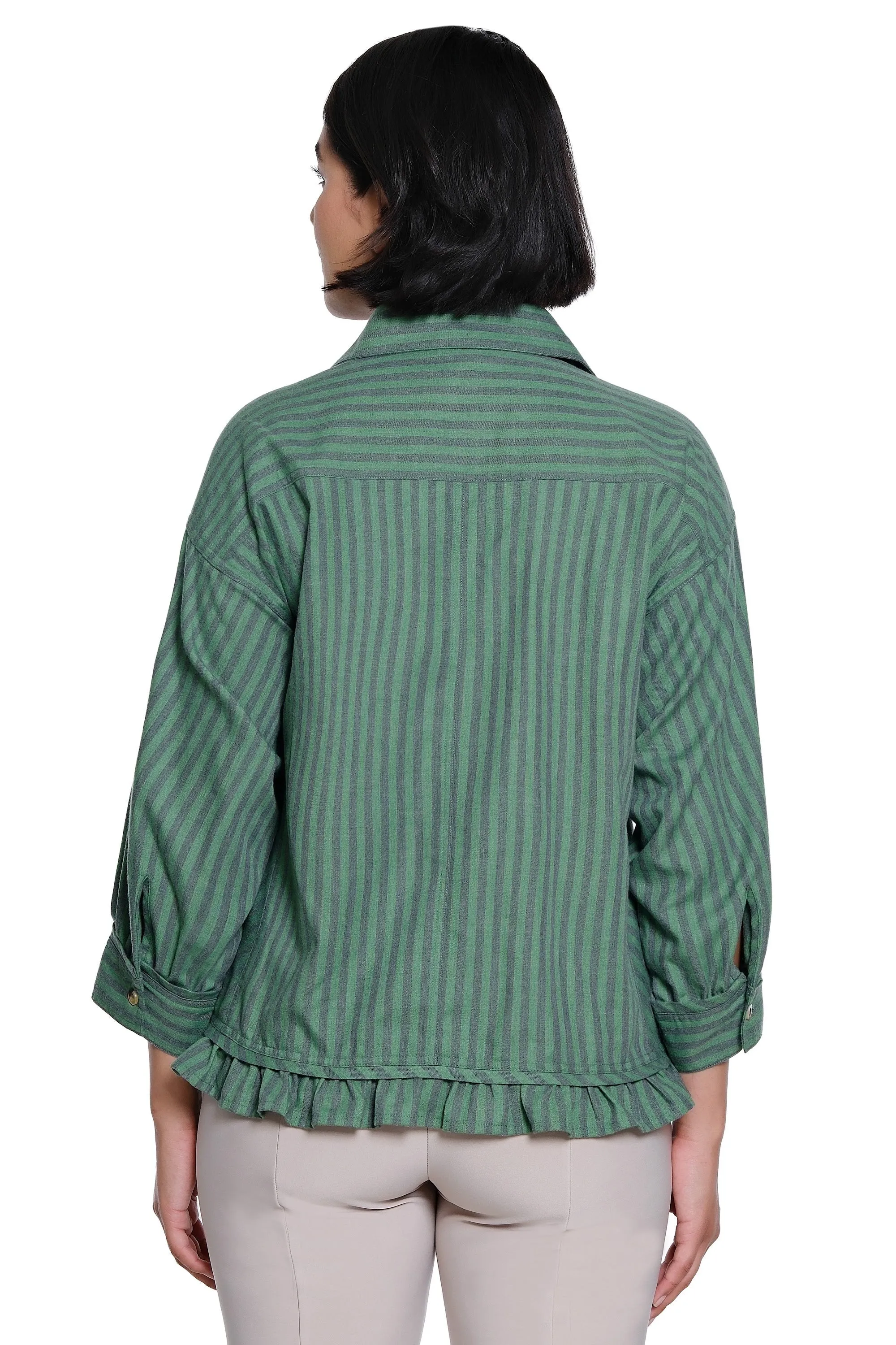 Woven Button Front Top with 3/4 Sleeves and Curved Ruffle Hem - Herb Stripe sold by SlimSation product image thumbnail 2