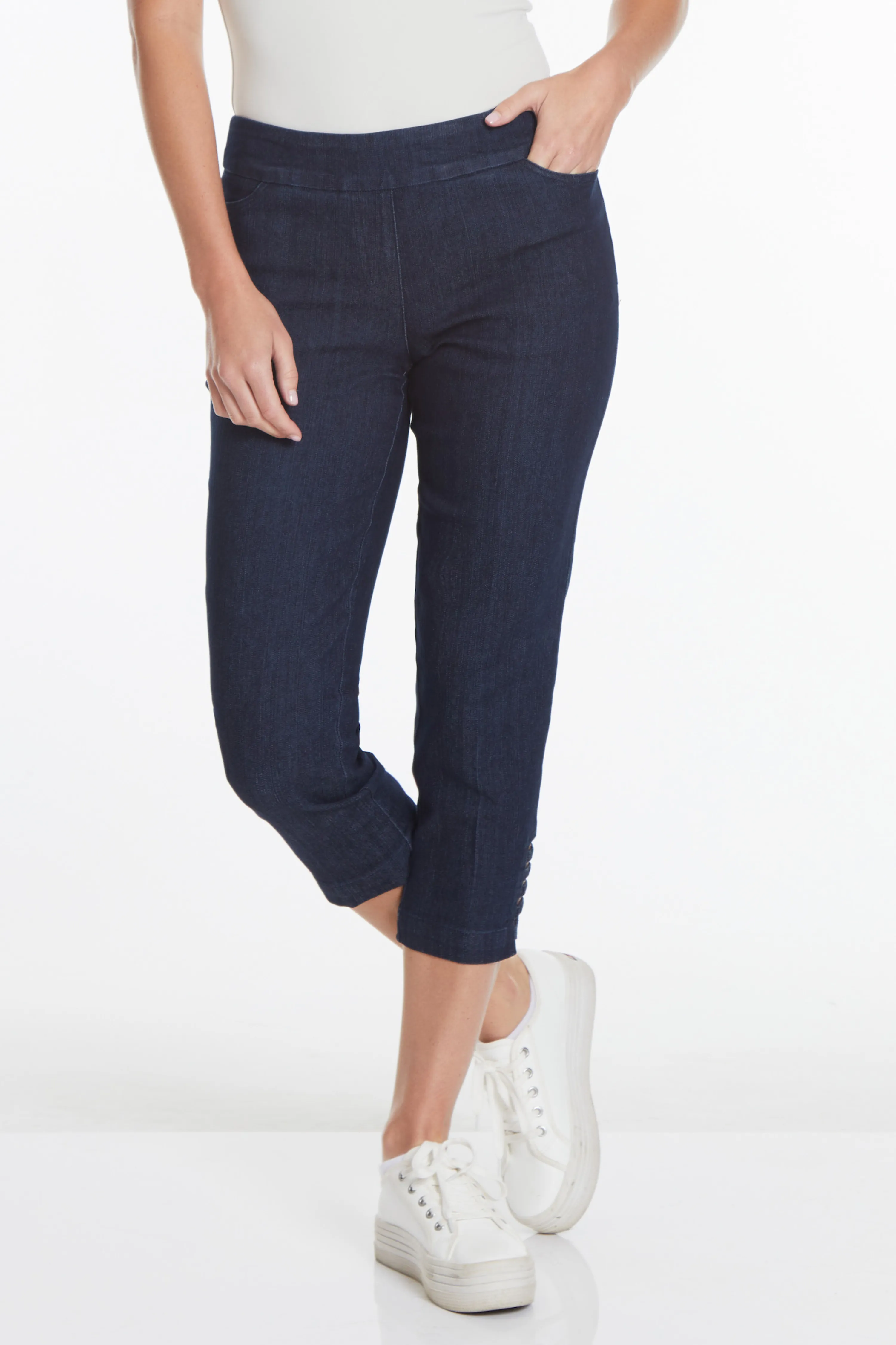 Petite Crop Pants with Pockets and Strap Hem Vents - Denim sold by SlimSation
