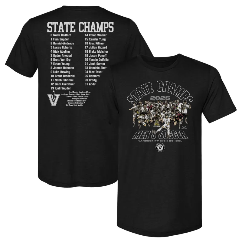 Crown Trio Vandegrift Vipers Men's Soccer State Champs 2025 2 F&B WHT sold by 500 Level