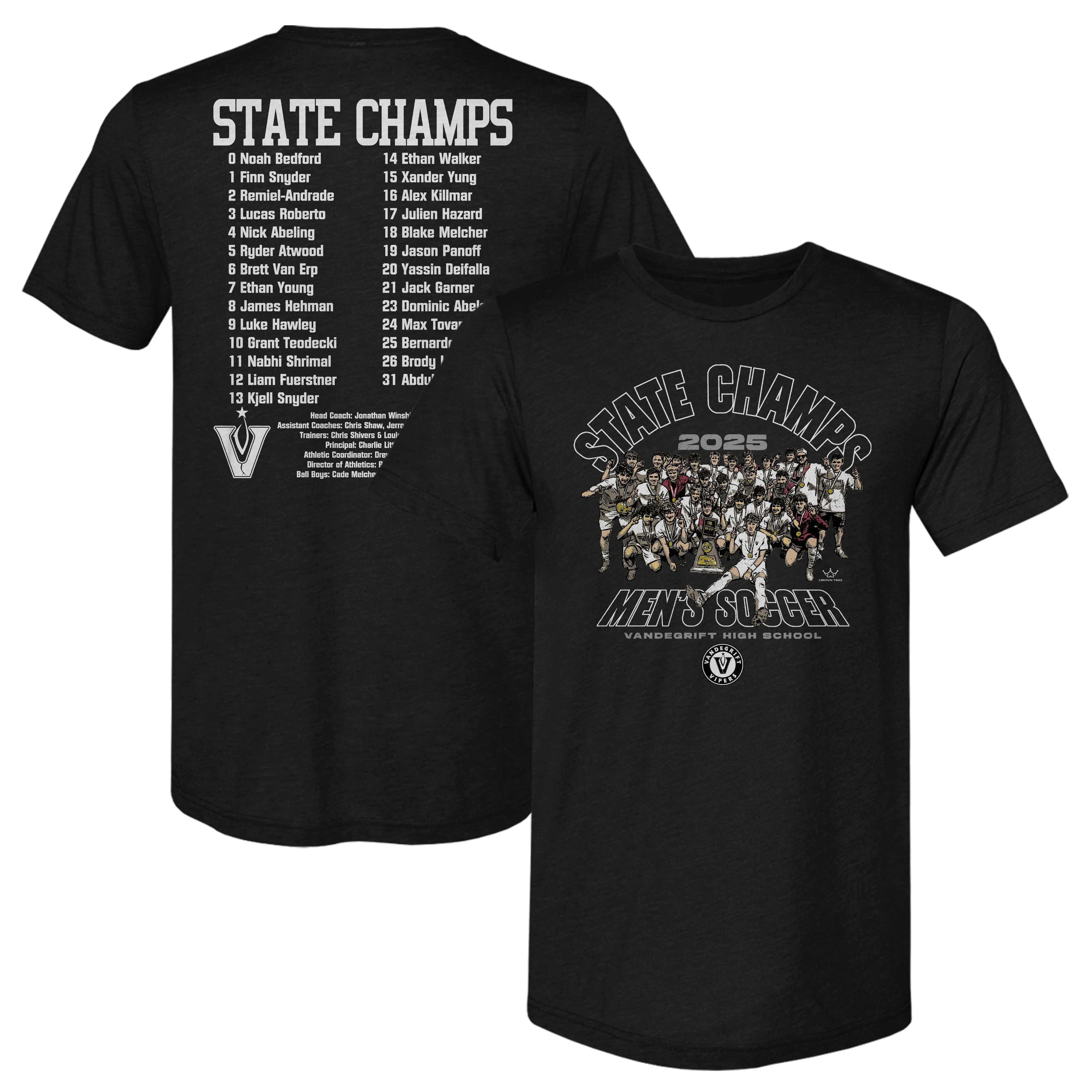 Crown Trio Vandegrift Vipers Men's Soccer State Champs 2025 2 F&B WHT sold by 500 Level