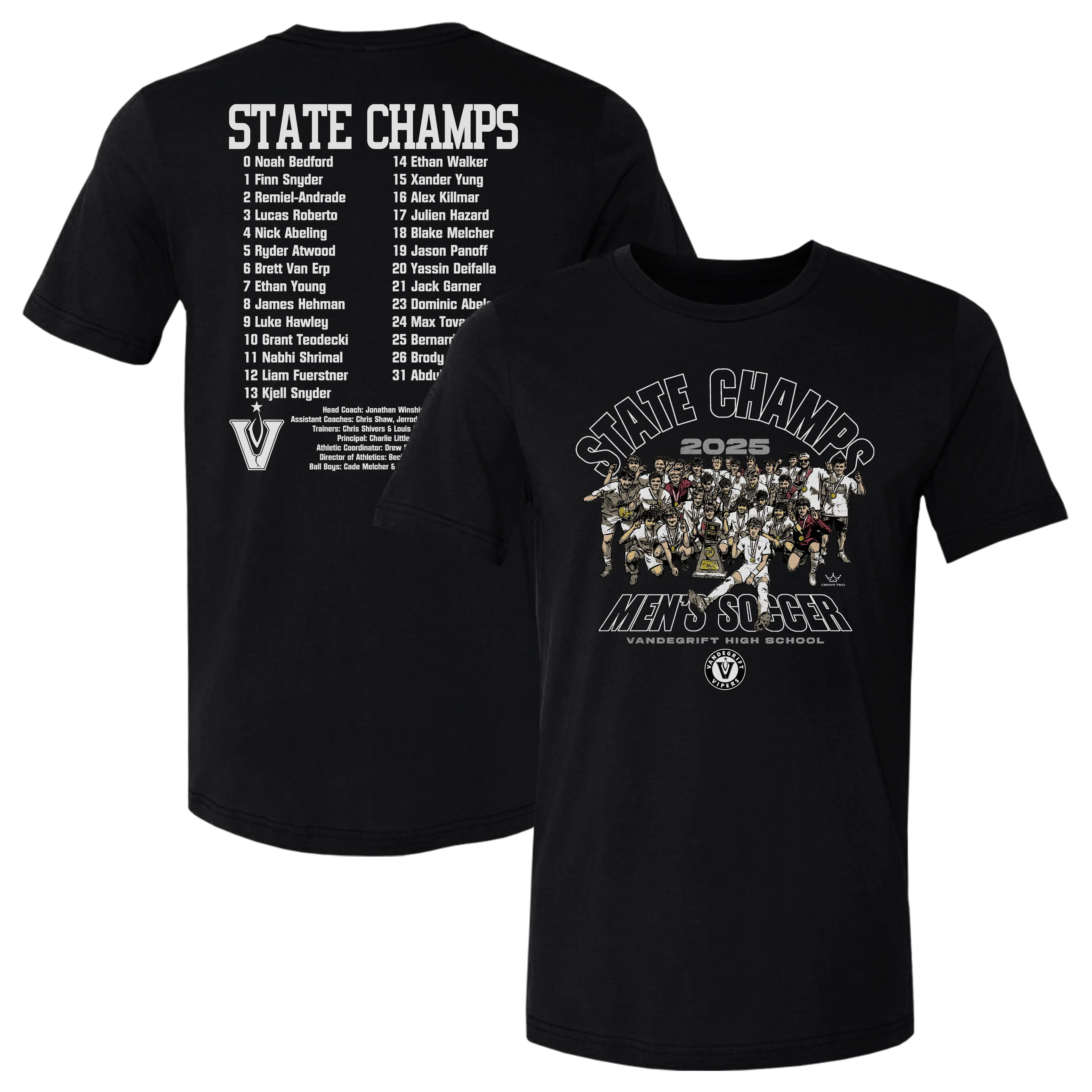 Crown Trio Vandegrift Vipers Men's Soccer State Champs 2025 2 F&B WHT sold by 500 Level