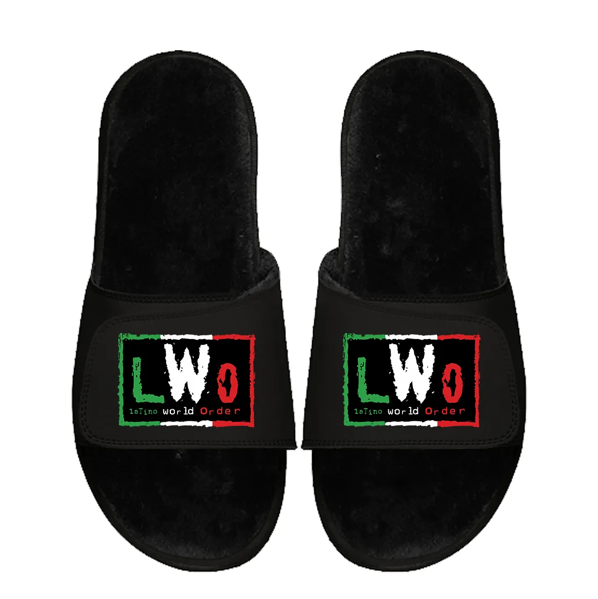 LWO Mexico Flag Black Fur Slides sold by 500 Level