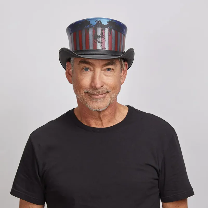 USA | Mens Leather Top Hat with American Flag Accent sold by American Hat Makers