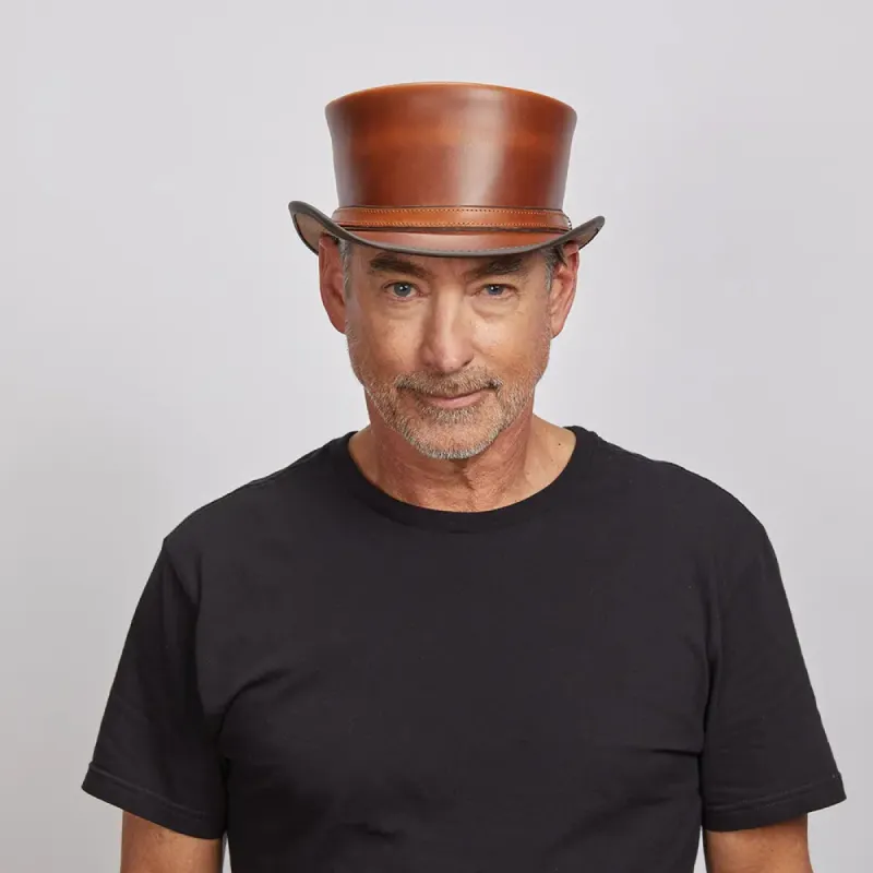 Hampton | Mens Leather Top Hat with Leather Hat Band sold by American Hat Makers