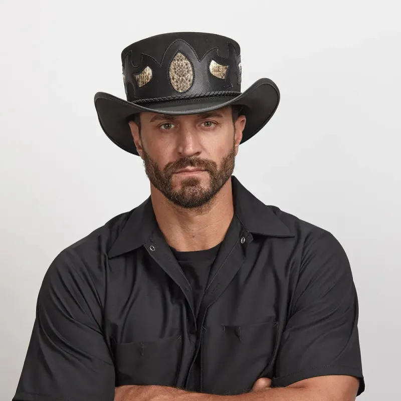 Charmer | Mens Black Leather Top Hat with Snake Emblems sold by American Hat Makers