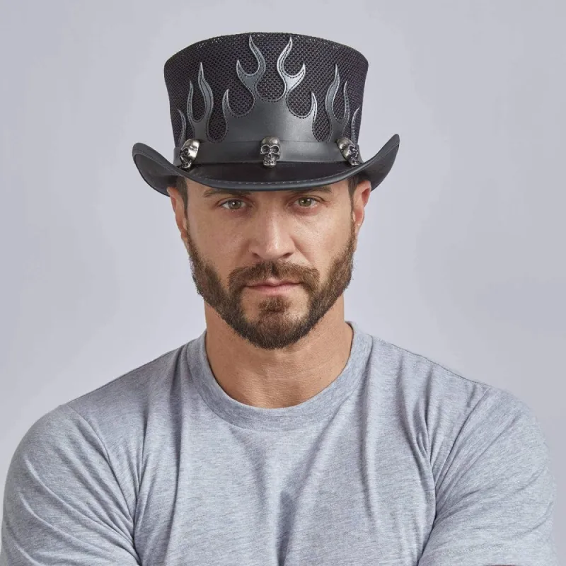 Flames | Mens Biker Leather Top Hat with Skull Hat Band sold by American Hat Makers