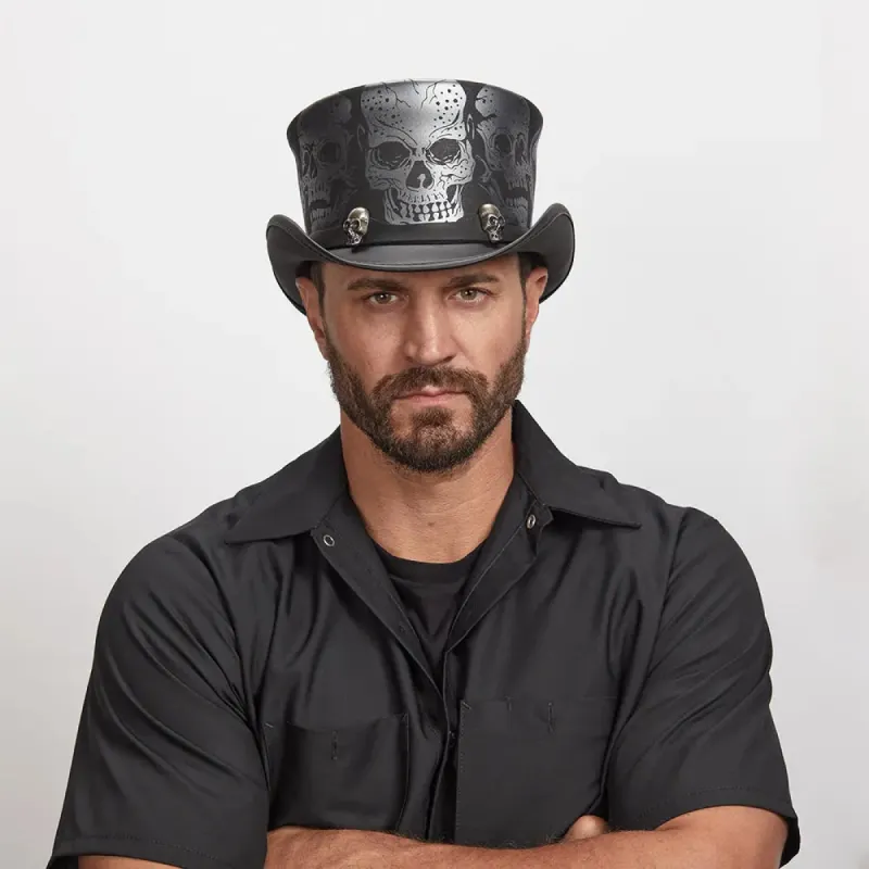 Silver Skull | Mens Leather Top Hat with Skull Hat Band sold by American Hat Makers