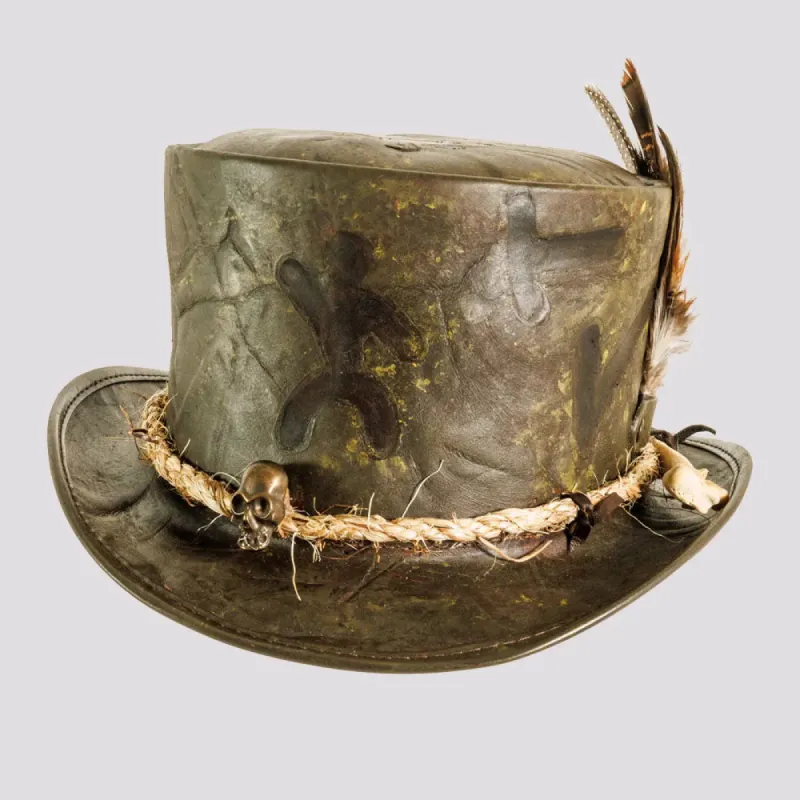 Wiccan | Mens Distressed Leather Top Hat with Skull Bone Hat Band sold by American Hat Makers