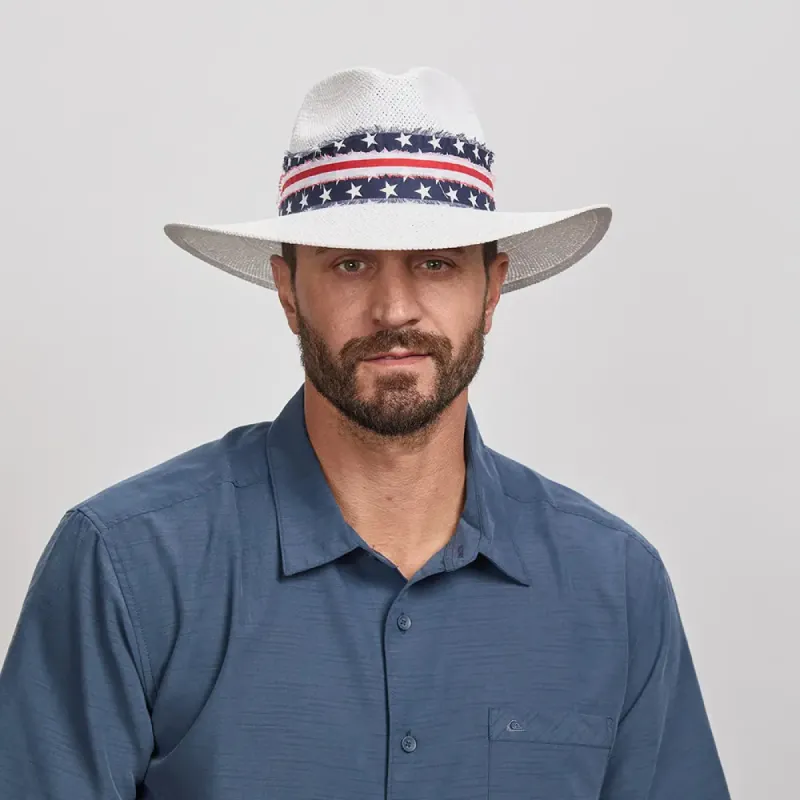 Knox | Mens White Straw Sun Hat with Flag Hat Band sold by American Hat Makers