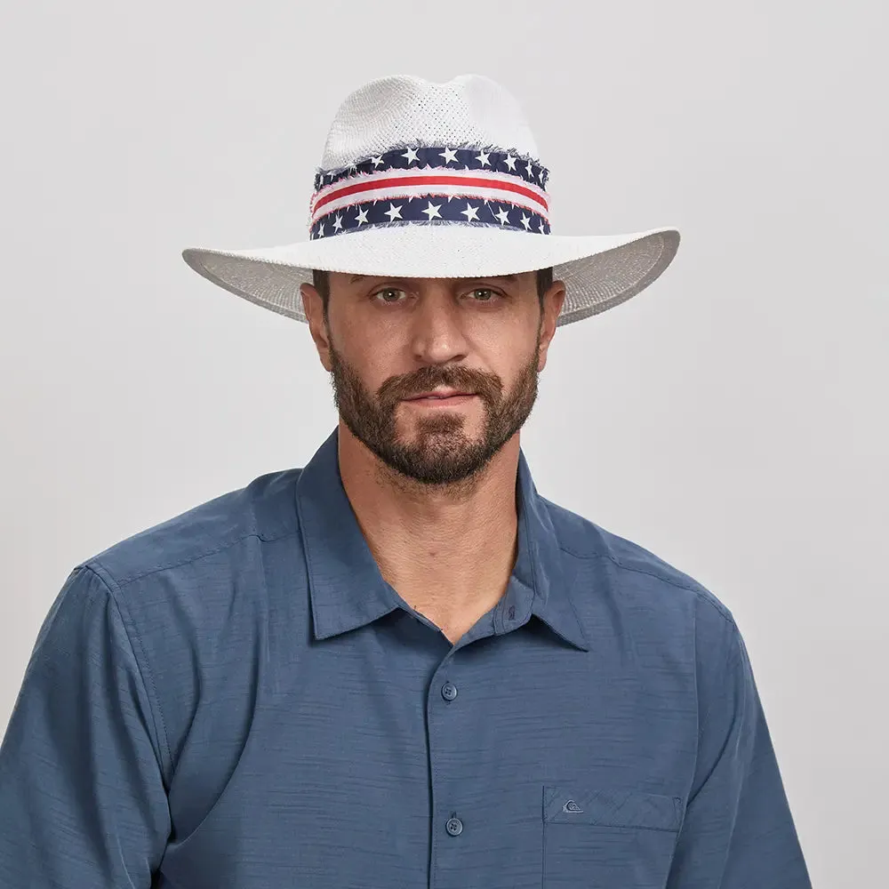 Knox | Mens White Straw Sun Hat with Flag Hat Band sold by American Hat Makers