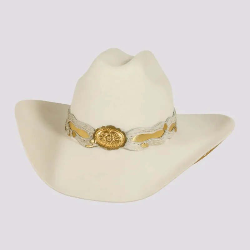Lizzie | Womens White Felt Cattleman Cowgirl Hat with Gold Concho Hat Band made by American Hat Makers