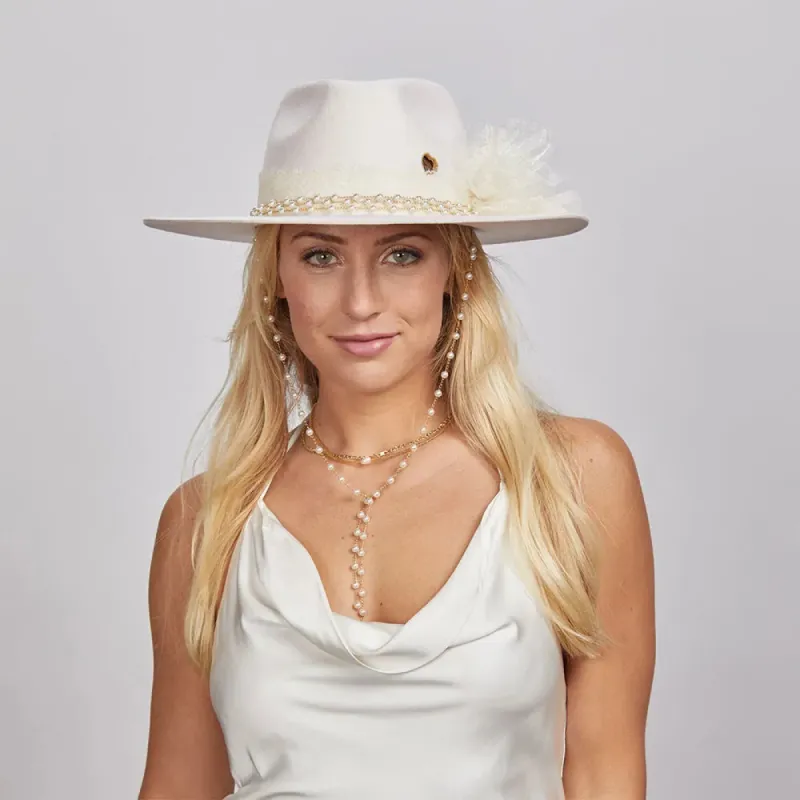 I Do | Womens White Felt Fedora Hat with Brooch sold by American Hat Makers