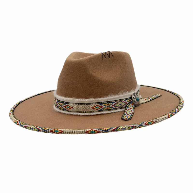 Lakota | Womens Wool Felt Rancher Fedora Hat with Tribal Trim sold by American Hat Makers