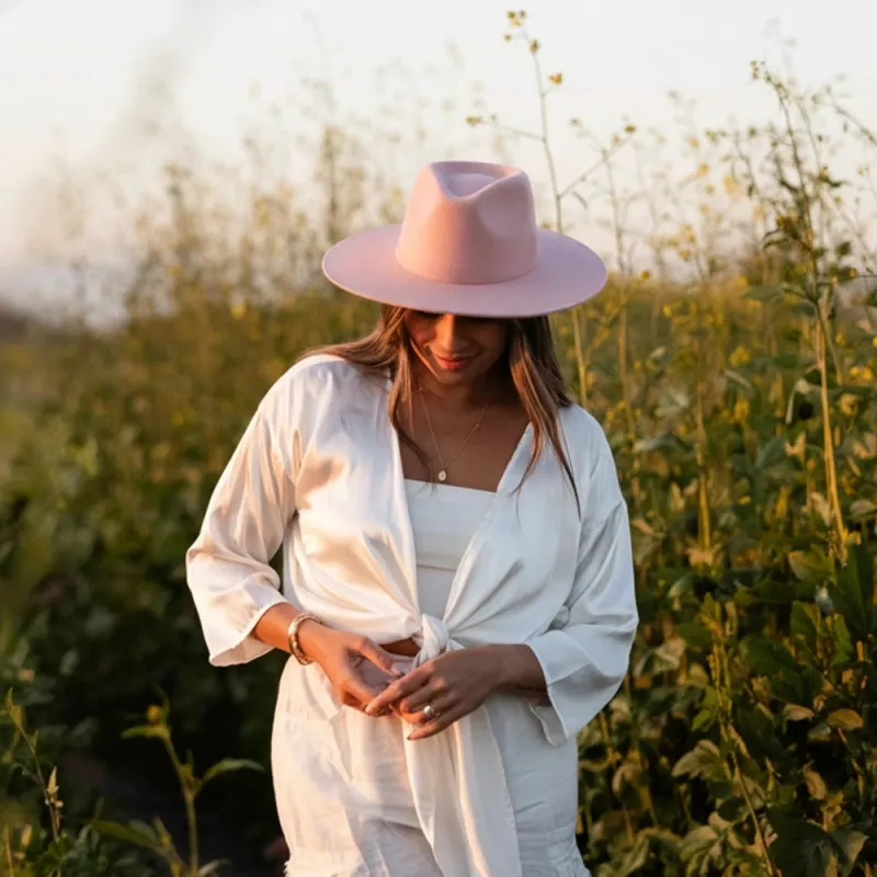 Rancher | Womens Soft Pink Wide Brim Felt Fedora Hat made by American Hat Makers