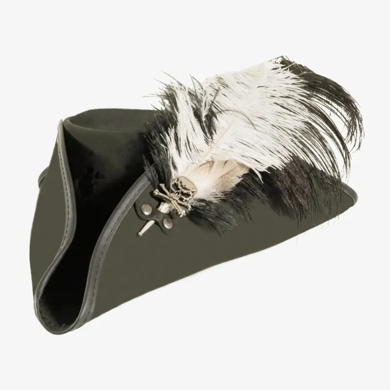 Barbossa | Mens Black Leather Tricorn Hat with Feather Plume made by American Hat Makers