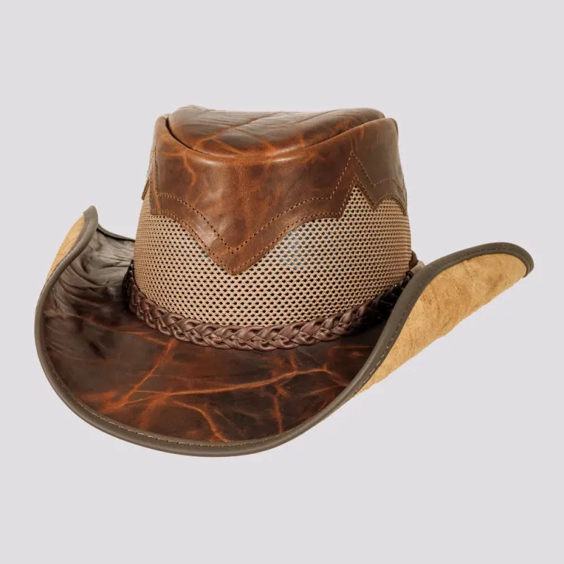 Stampede | Mens Brown Crunch Cowhide Leather Cowboy Hat with Mesh Sides made by American Hat Makers