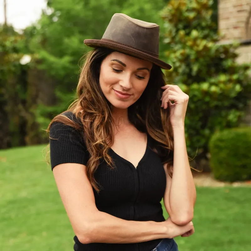 Soho | Womens Chocolate Trilby Leather Fedora Hat made by American Hat Makers