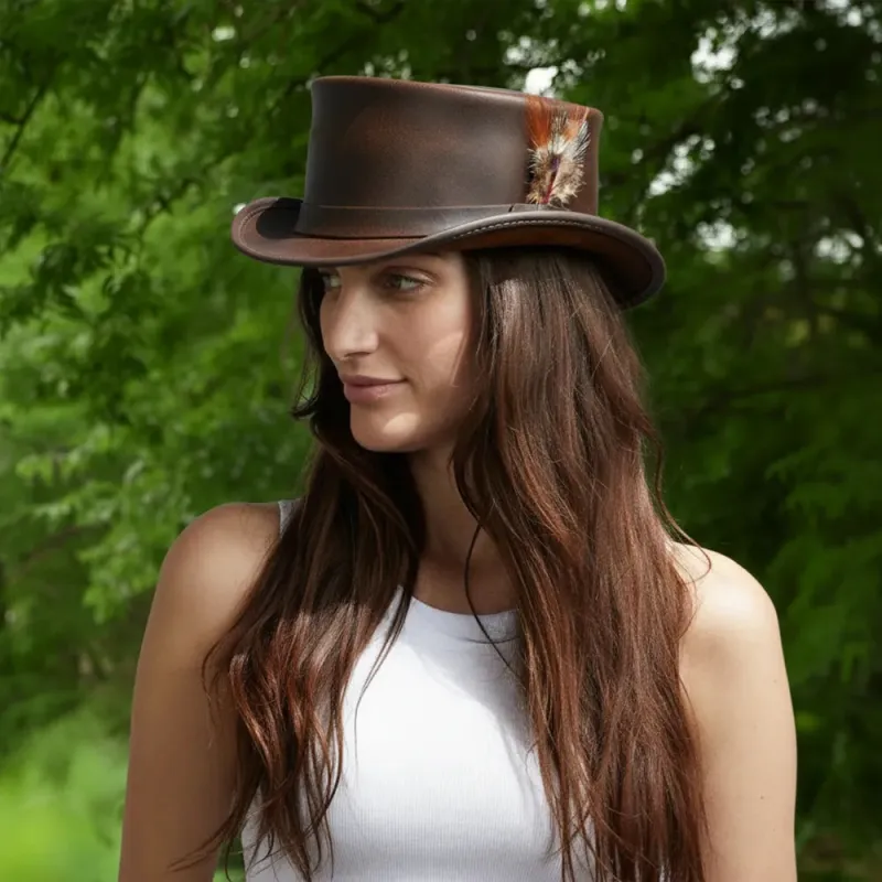 Marlow | Womens Brown Leather Top Hat with LT Hat Band made by American Hat Makers