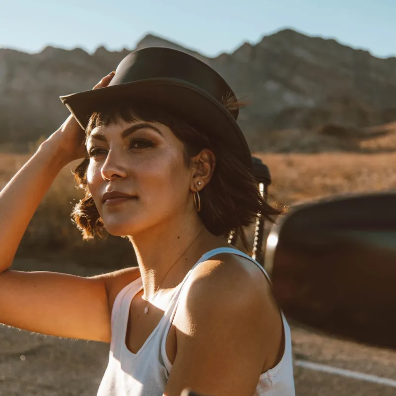 Marlow | Womens Black Leather Top Hat with LT Hat Band made by American Hat Makers
