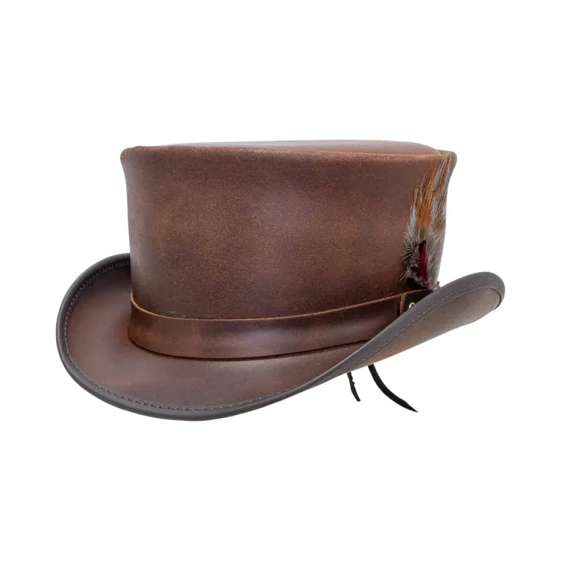 Marlow | Mens Brown Leather Top Hat with LT Hat Band made by American Hat Makers