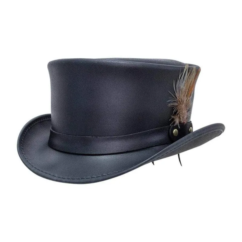 Marlow | Mens Black Leather Top Hat with LT Hat Band made by American Hat Makers