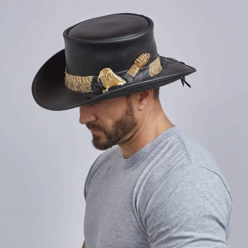 Pale Rider Rattlesnake | Leather Top Hat with Rattlesnake Hat Band sold by American Hat Makers