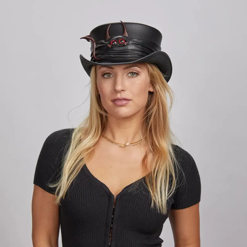 Marlow Lil Evil | Womens Leather Top Hat with Lil Evil Hat Band sold by American Hat Makers