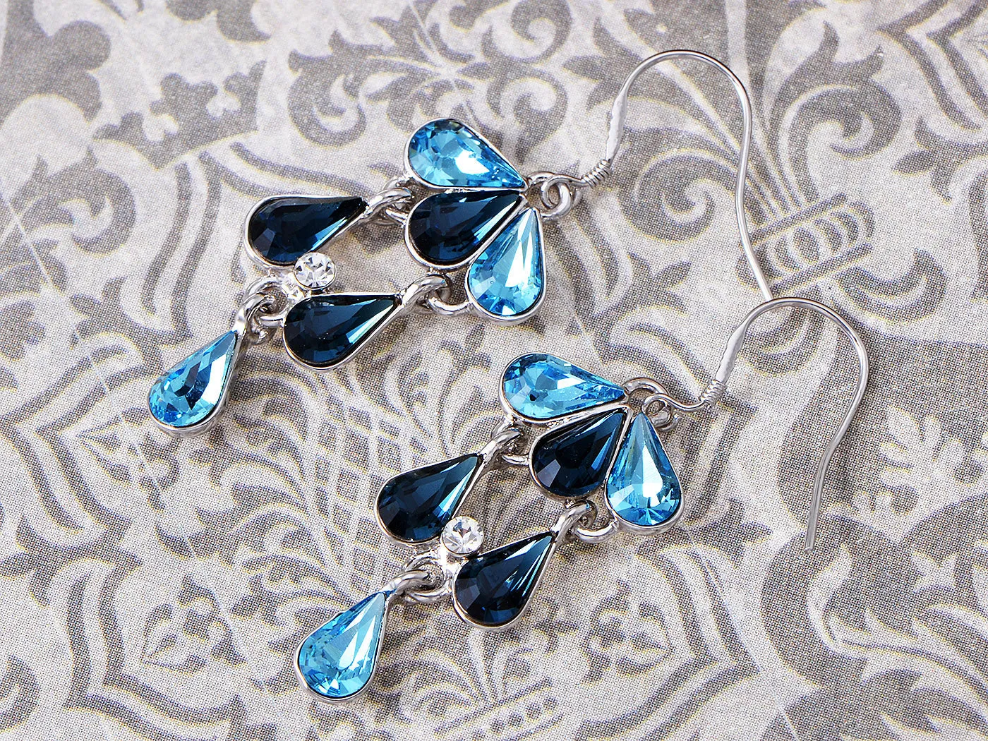 Swarovski Crystal Element Silver Blue Rain Teardrop Cluster Fish Hook Dangle Earrings sold by Anna-Kaci product image thumbnail 2