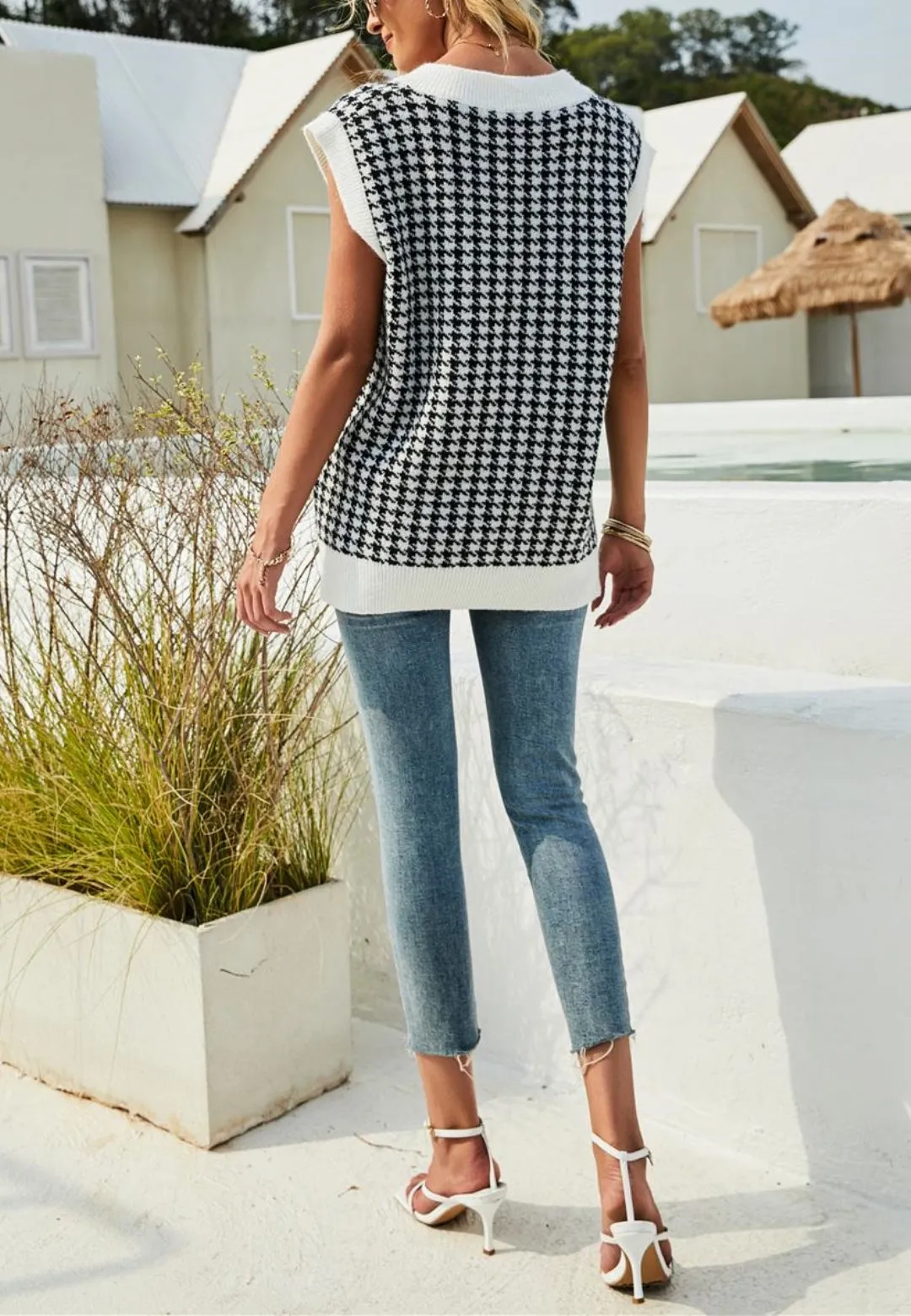 V-Neck Knit Houndstooth Tunic Sweater Vest sold by Anna-Kaci product image thumbnail 5